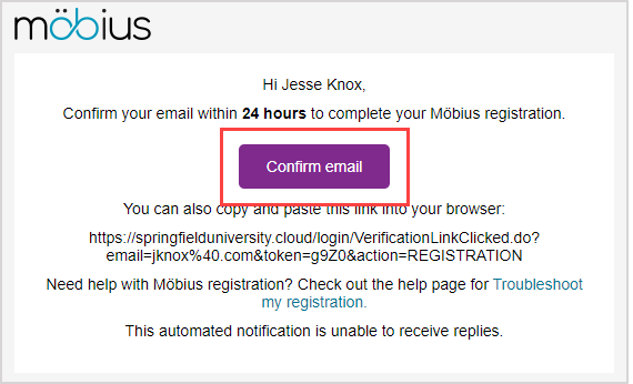 The "Confirm email" button on the notification message that a confirmation link was sent is shown.